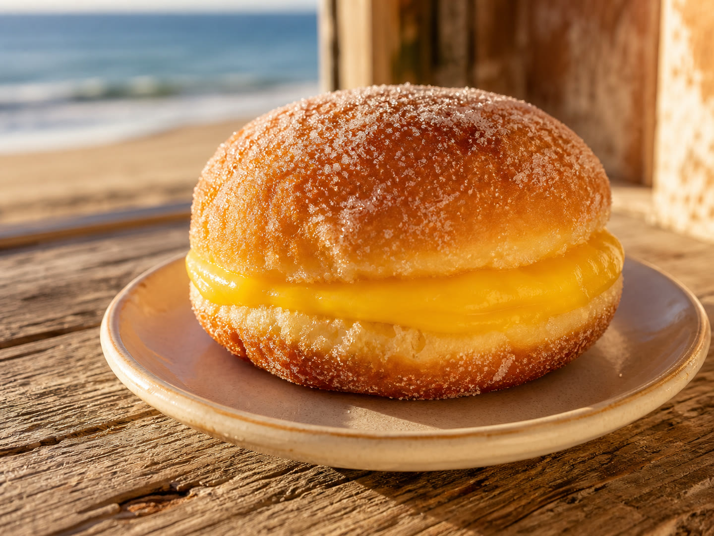 Bola de Berlim recheada com creme de ovos junto à praia